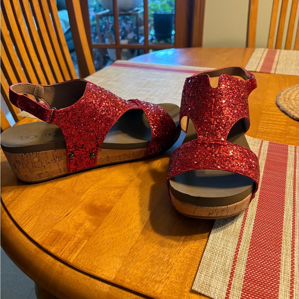 Boutique Corky’s Red Glitter Cork Wedge Slingback Sandals
